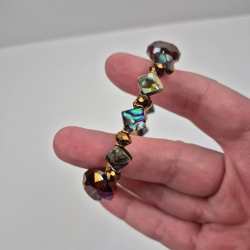 Beaded Wire Bangle Bracelet Abalone Crystal Accent Copper Tone 7.5